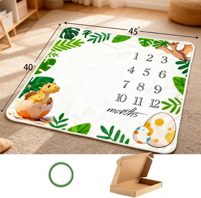 JIX SDFFAY Baby Monthly Milestone Blanket Dinosaur Newborn Month Blanket for Boy & Girl, Personalized Baby Shower Age Photo Photography Backdrop with Growth Prop Frame 45x40 Inches - Image 5